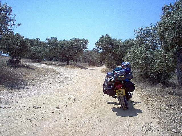 My bikes parked in a dusty track surrounded by scruffy scrubby trees